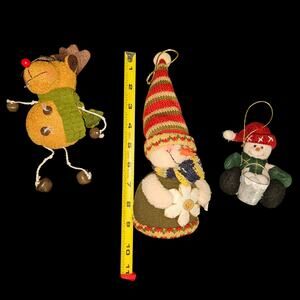 Set of 3 Plush Christmas Ornaments Reindeer Snowman Gnome Fabric Holiday Decor